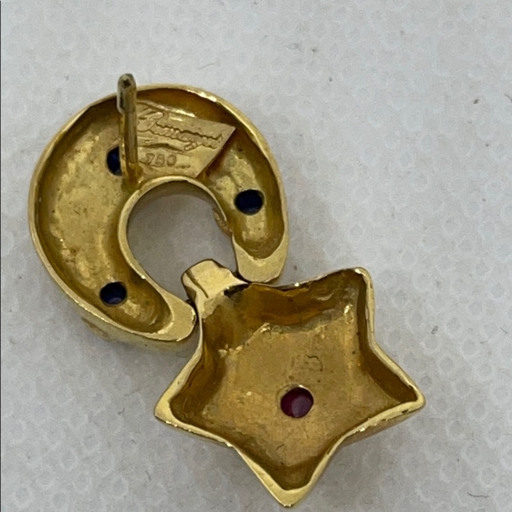 18K Gold Sapphire & Ruby Designer Stamped Earrings - Picture 4 of 4
